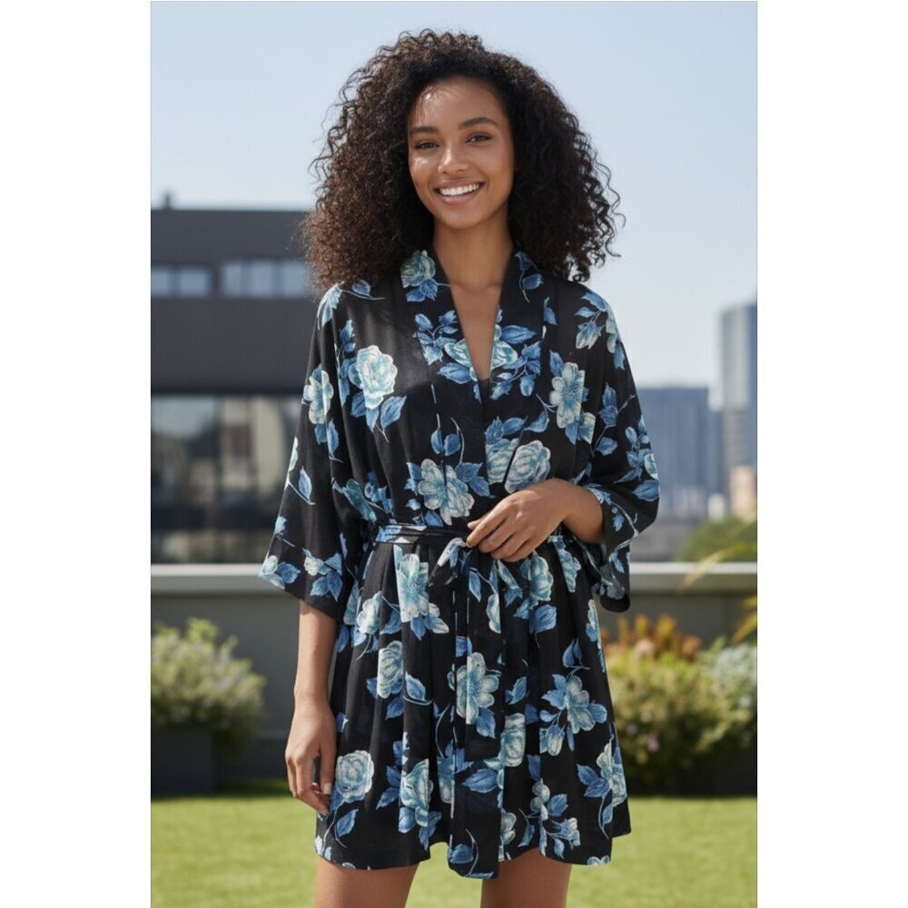 Lingerie Cacique Nightgown & Robe sz xs/s NEW/NWT Navy Blue Roses Floral Chiffon